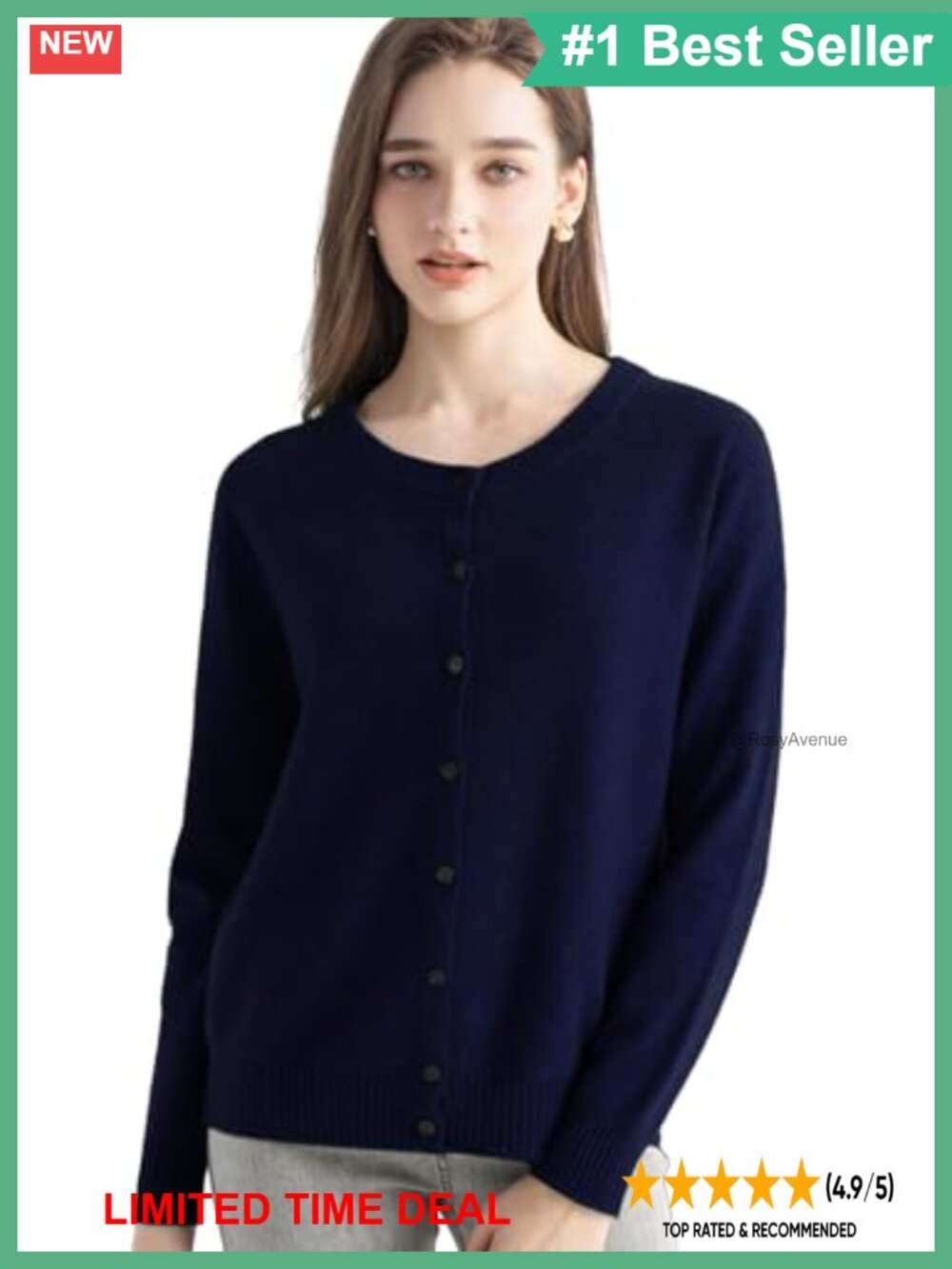 100% Pure Cashmere Cardigan Crew Neck Long Sleeve Warm Knit Sweater